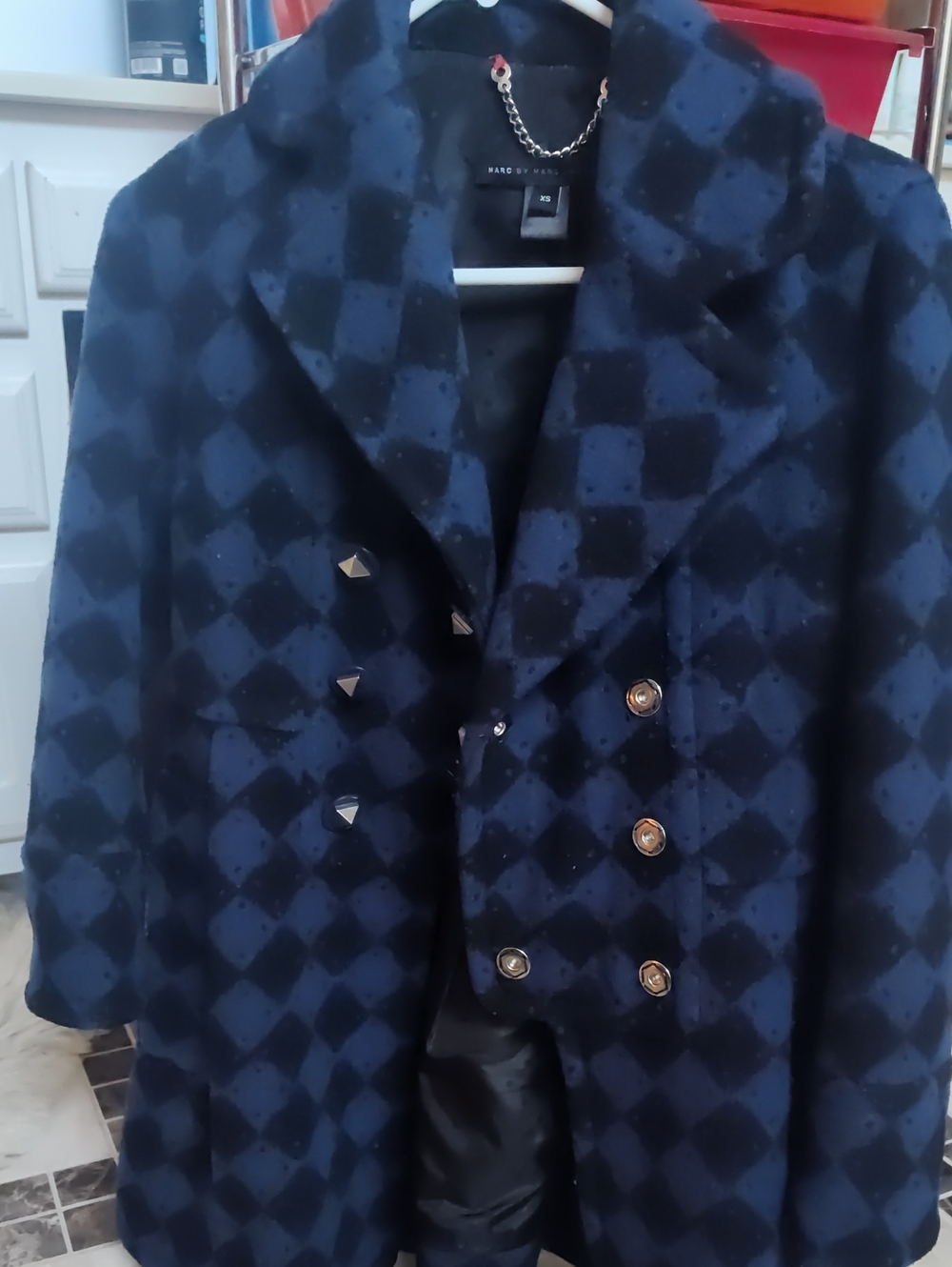 Marc Jacobs Blue and Black Checkered Double-Breasted Peacoat
